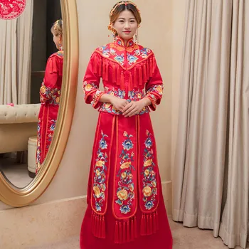 

RED Classic Formal Women Marriage Suit Toast Clothing Vintage Embroidery Tassel Cheongsam Suit Royal Wedding Dress Vestidos