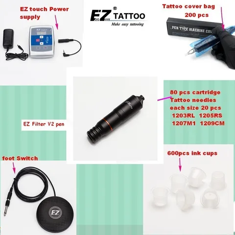 Kits de Fornecimento de Tatuagem Tinta para Tattooist Filtro Caneta Cartucho Withez Agulhas Tatuagem pé Interruptor Fonte Alimentação Copos 1 Set – Lote ez v2
