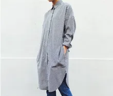 2017 Spring Vintage Women Shirts Sleeve Pockets Striped Long Blouse Shirt Gray 292
