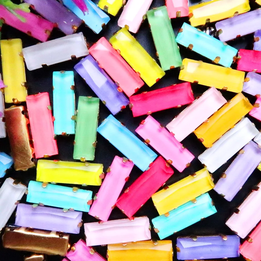 

Jelly candy color glass Crystal 7*21mm Rectangle shape gold claw settings 20pcs/p Crystal rhienstone sew on shoes bags diy