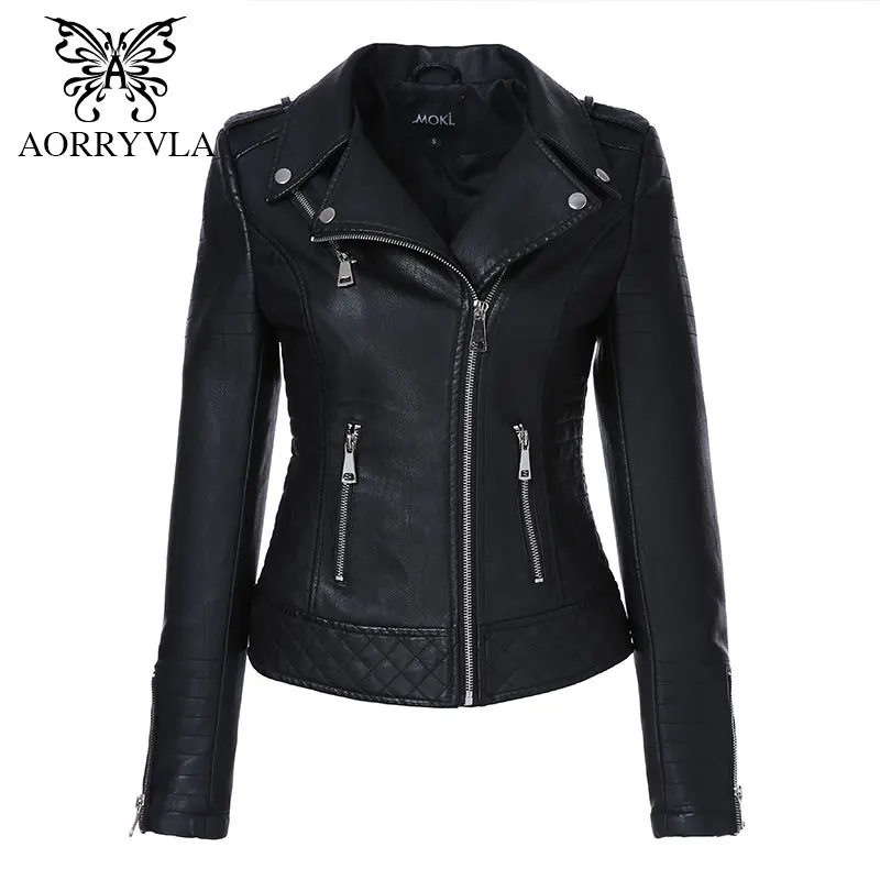 Günstig AORRYVLA 2019 Neue Mode Frauen Leder Jacke Motorrad PU Leder Mantel Schwarz Drehen Unten Kragen Kurz Zipper Dünne Damen jacke