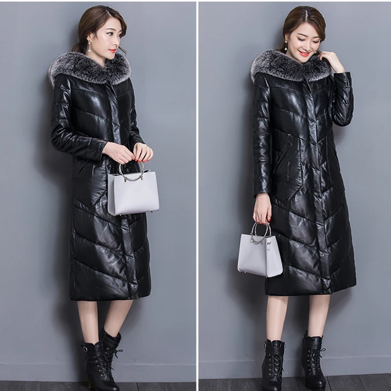 Winter Coat Women 2018 Fashion New Solid Color Plus Size Long Section Hooded Upscale Thickening Warm Female Leather Ll440 | Женская