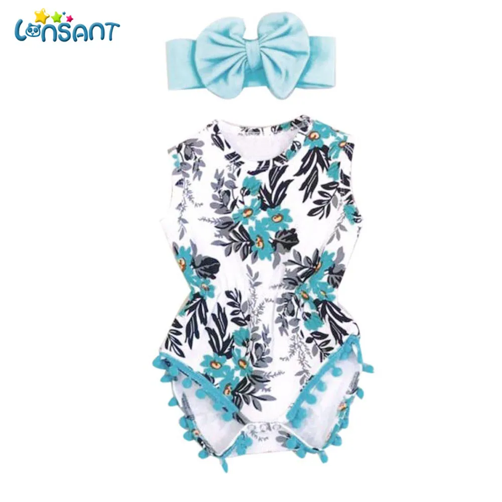 

LONSANT Newborn Toddler Baby Girl Print Romper Sleeveless Jumpsuit Sunsuit+Headband Clothes Set for 0-18 Months baby