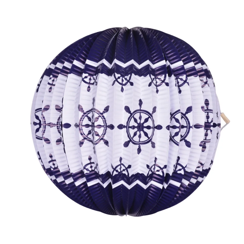 Ahoy! 1pc Navy Blue Nautical Pleated Paper Lantern Ship Wheel Pattern