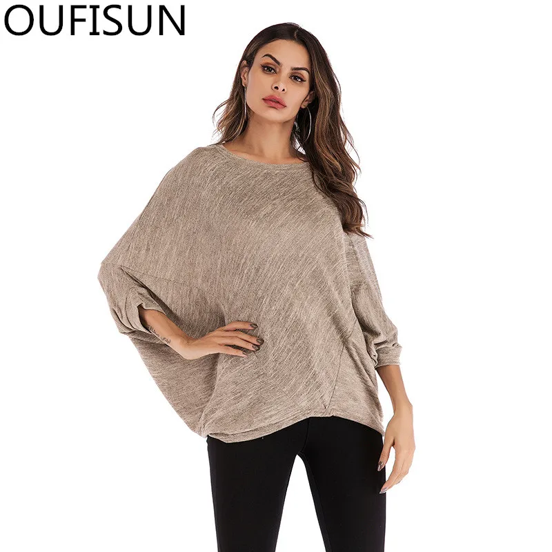 Oufisun 2019 Весенние футболки больших размеров Модная хлопковая футболка с круглым вырезом и рукавами «летучая мышь» Женский Повседневный