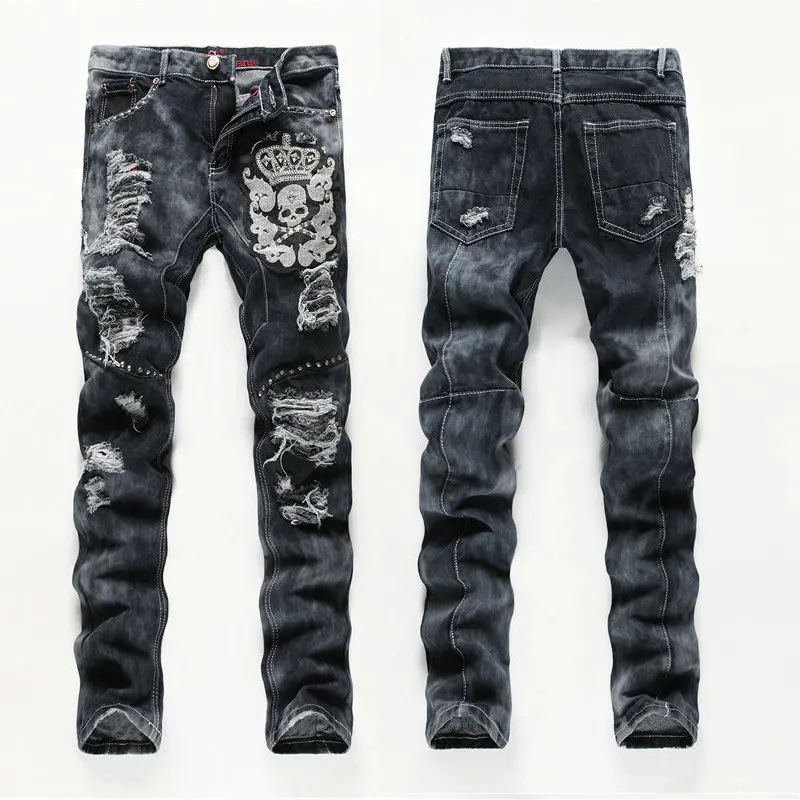 New brand men designer ripped hole biker jeans embroidered skull