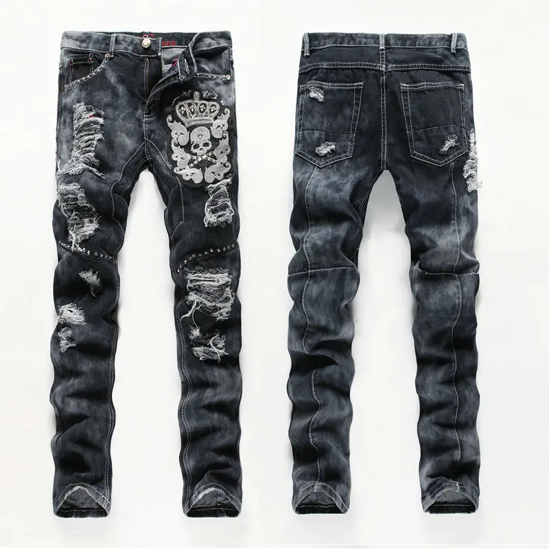 new brand men designer ripped hole biker jeans embroidered skull ...