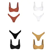 Women Summer Sexy Two Piece Bikini Set Plain Solid Color Swimsuit Deep V-Neck Push Up Underwire Bra Low Waist High Cut Thong Bat pink simple low cut v neck bikini top
