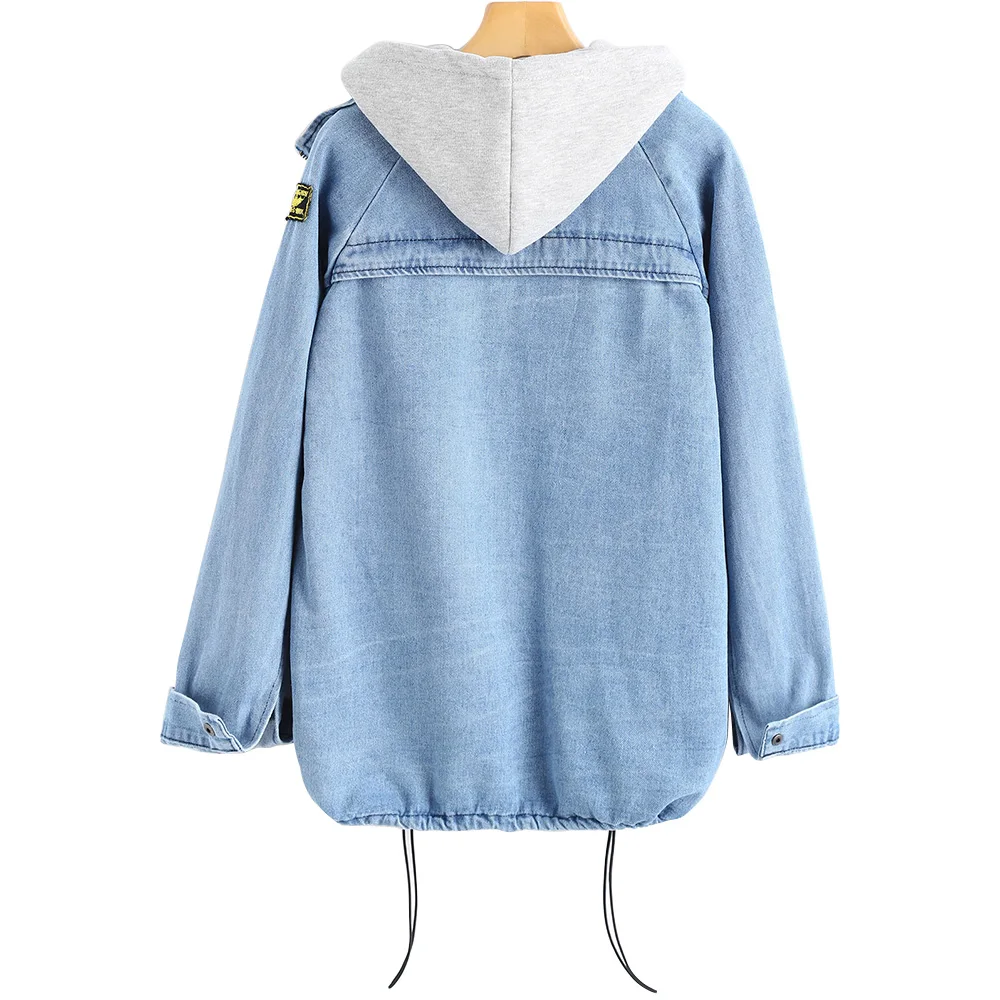 AZULINA Plus Size Buttons Hooded Denim Jacket Jeans Jackets Women Coat Spring Outwear Pockets Wide-Waisted Ladies Tops Overcoat