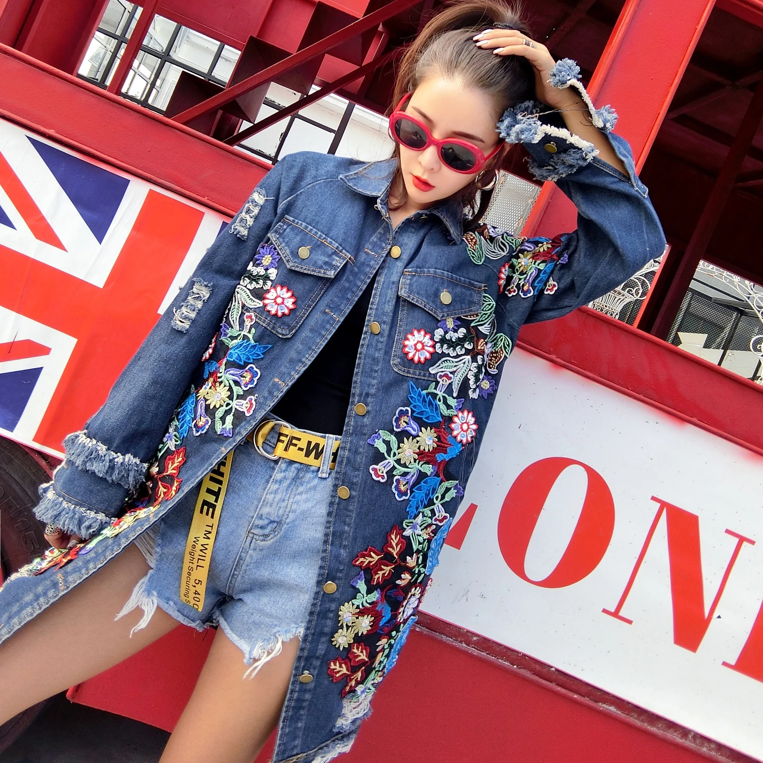 Floral Embroidery Denim Jacket Coats Women Spring Autumn Long Ripped Beading Tassel Jeans Jackets 2019 woman new street coats