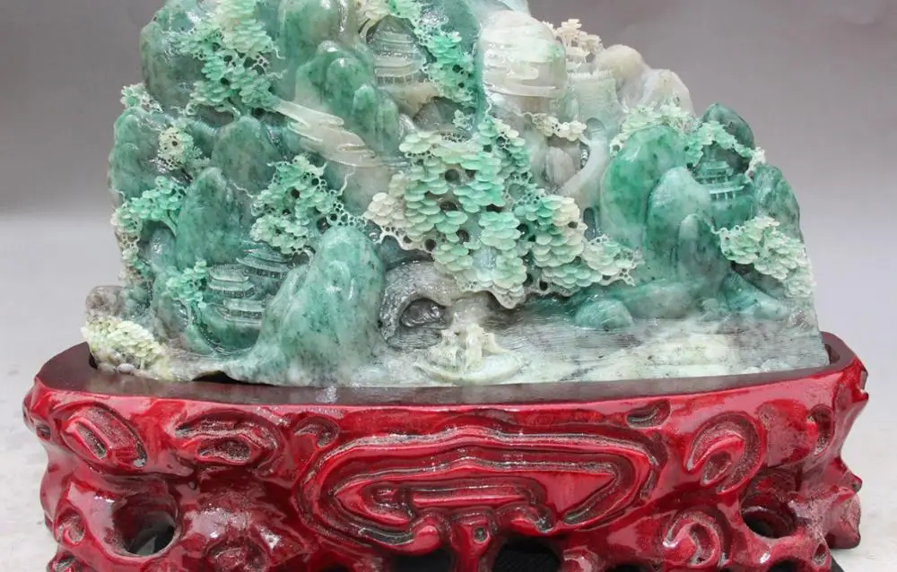 

Unique Natural Green Dushan Jade Pure Hand Mountain Water Landscape Old Man Boat