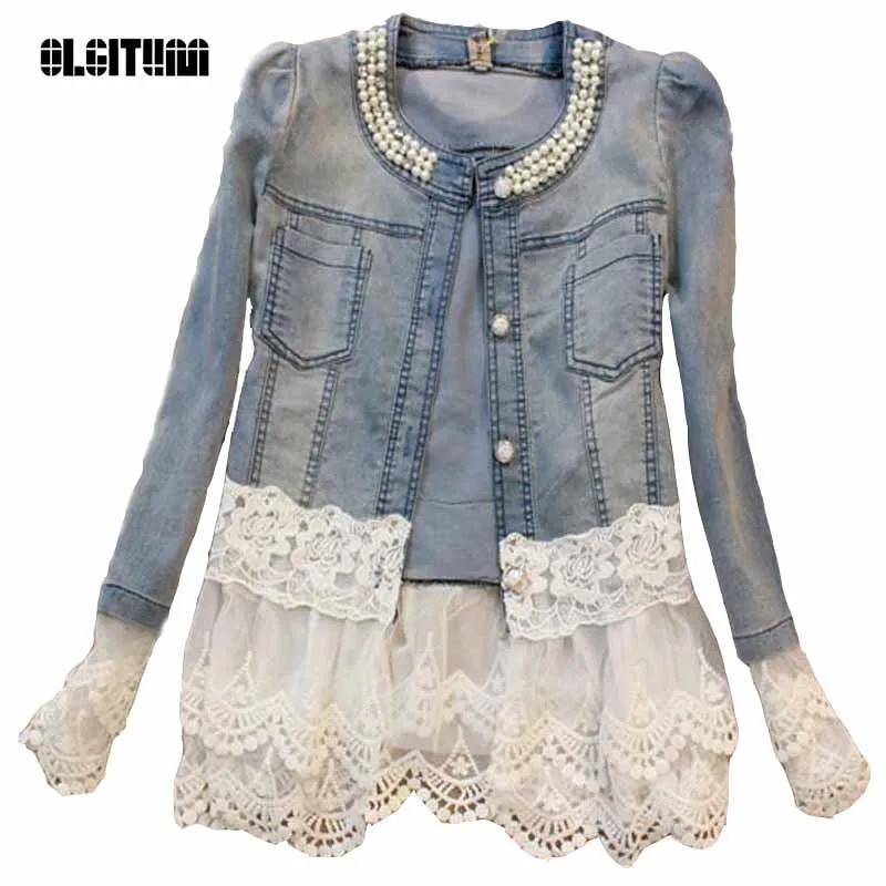 

2019 Jeans Jacket Women Casacos Feminino Slim Lace Patchwork Beading Denim Lady Elegant Vintage Coat JK454