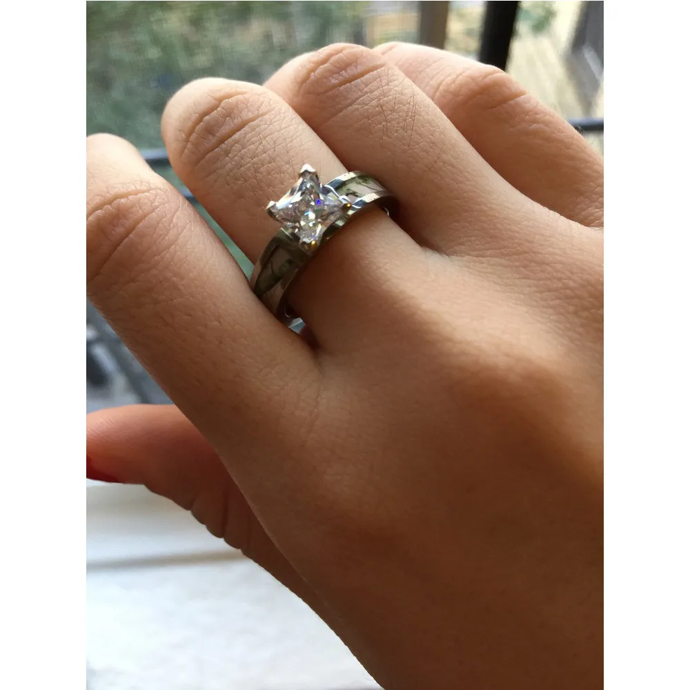 SHARDON Womens 5mm Titanium Brown Tree Camo Wedding Ring with White Square CZ Stone