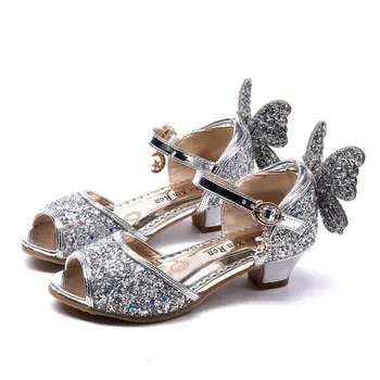 

Girls Sandals Summer New Girl Princess Shoes Shiny bow Crystal shoes Child Show High heels silver gold pink