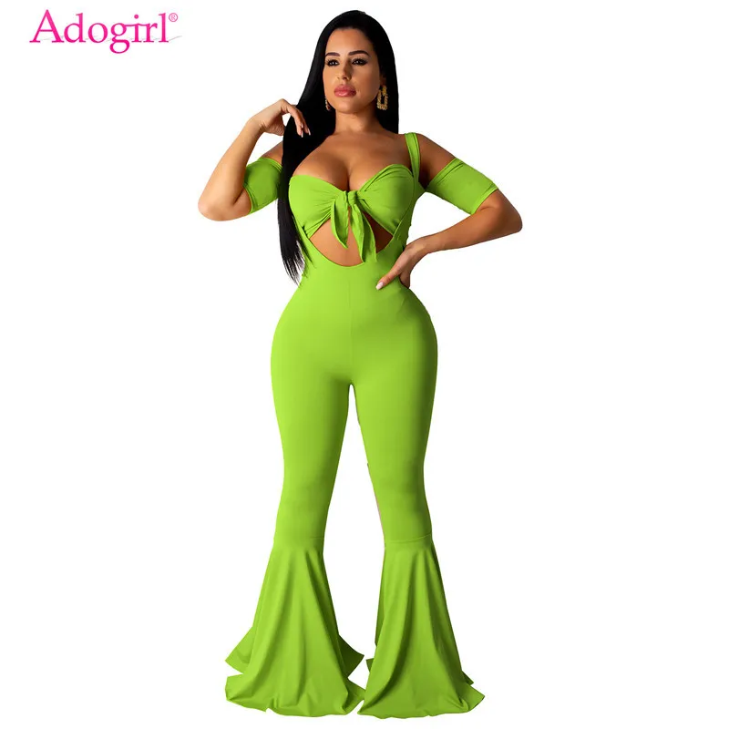 

Adogirl Solid Women Sexy Two Piece Set Front Tie Strapless Off Shoulder Crop Top Bib Flare Pants Female Casual Suit Clothing