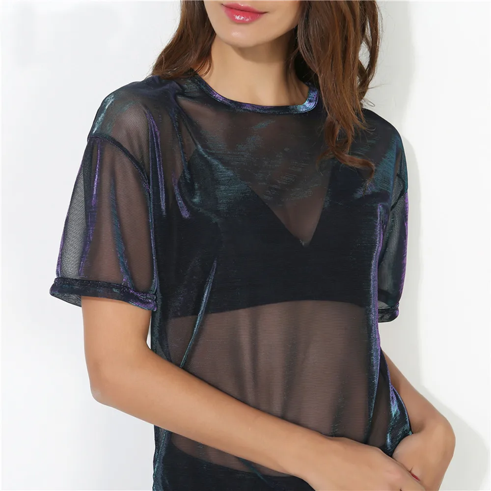 

Summer New Style Hollow Transparent Round Neck Short Sleeve Streetwear T-shirt Top Women Sexy Harajuku Mesh Net See Through