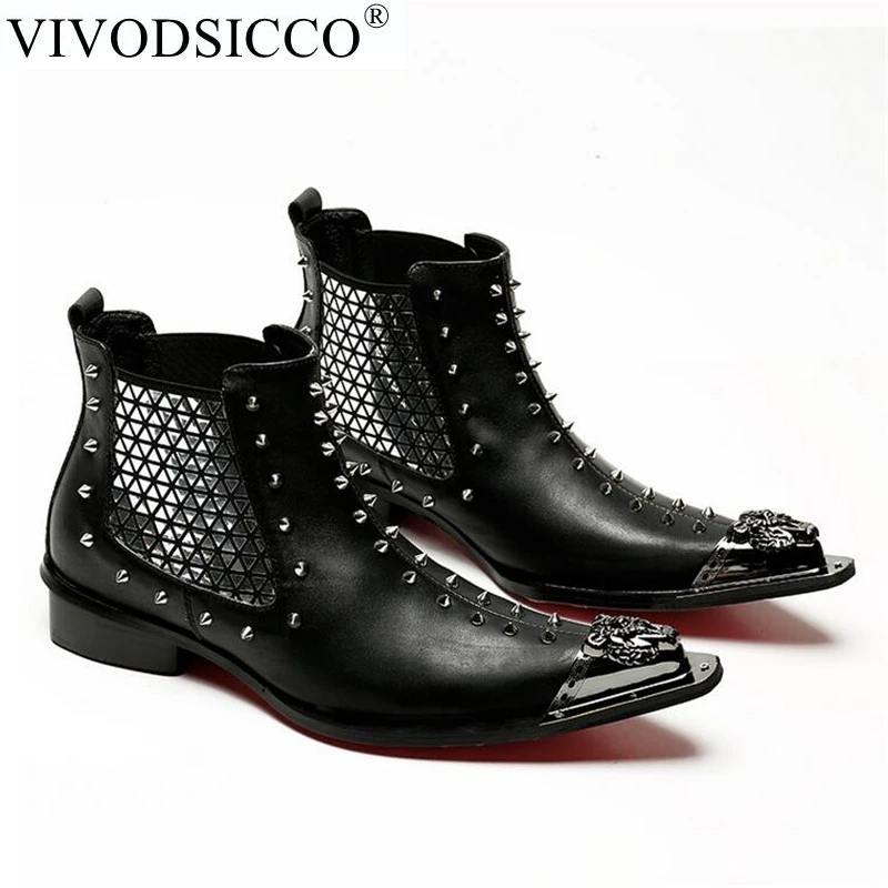 VIVODSICCO мужские ботинки пояса из натуральной кожи черный, красный острый носок Модные Классические деловой официальный офисный ботильоны с заклепками
