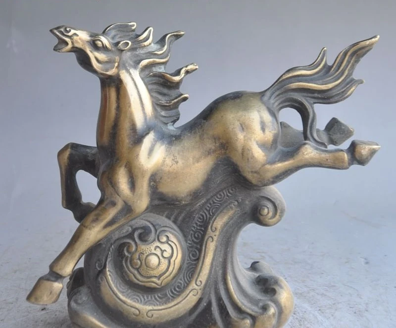

8" old chinese fengshui bronze animal Flying horse steed lucky success fu statue