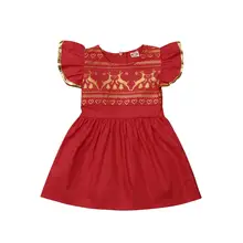 Рождественское платье для маленьких девочек; Новинка г.; красное рождественское Платье До Колена с рюшами и короткими рукавами