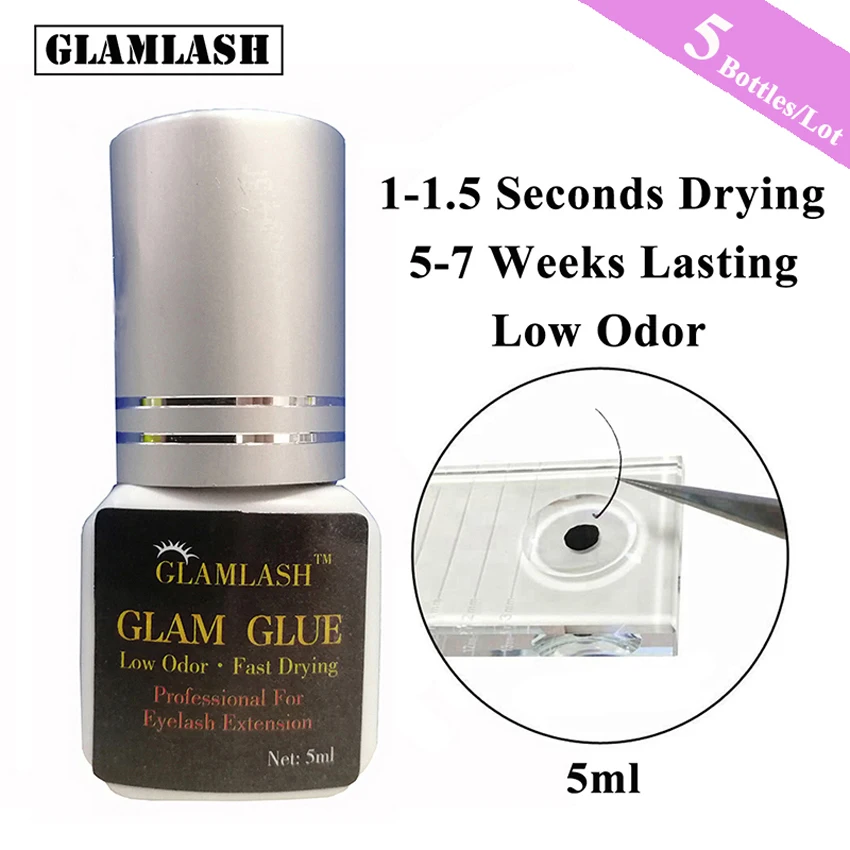 

GLAMLASH Eyelash Glue 5 bottles 5ml/10ml 1-2s Fast Dry Most Powerful for Eyelash Extension Silver Cap Lash Adhesive