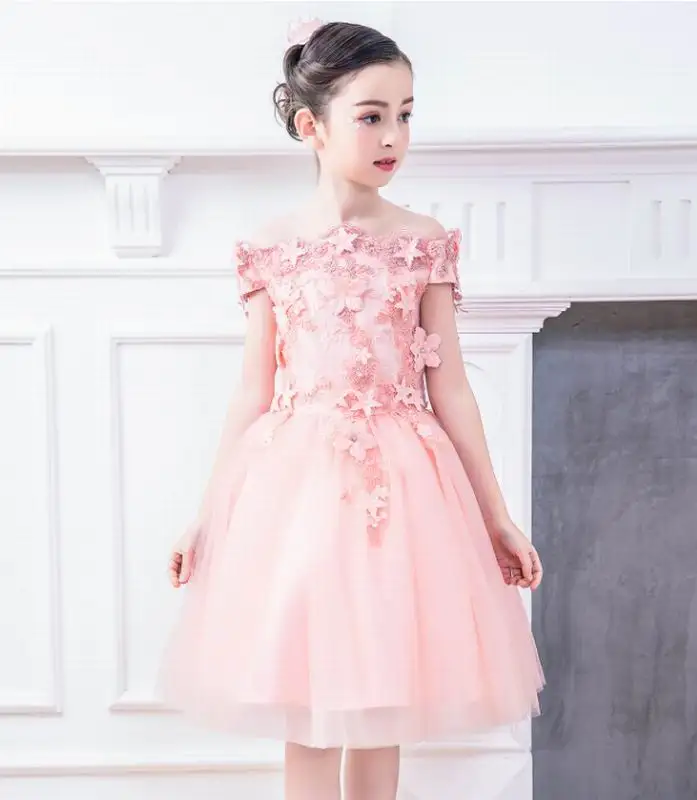 

Lace up Dress for Flower Girl Teenage Off Shouders Embroidery Fluffy Gauze Birthday Party Dress Pink White 4-11T E9756