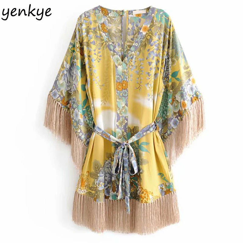 

Women Vintage Floral Print Kimono Tassel Dress Lady Batwing Sleeve V Neck With Belt Casual Beach Summer Dress Short Plus Size
