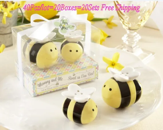 

40Pcs/lot=20Boxes Baby birthday Party Favors of Mommy and Me Sweet as Can Bee Ceramic bee Salt and Pepper Shakers Baby souvenirs