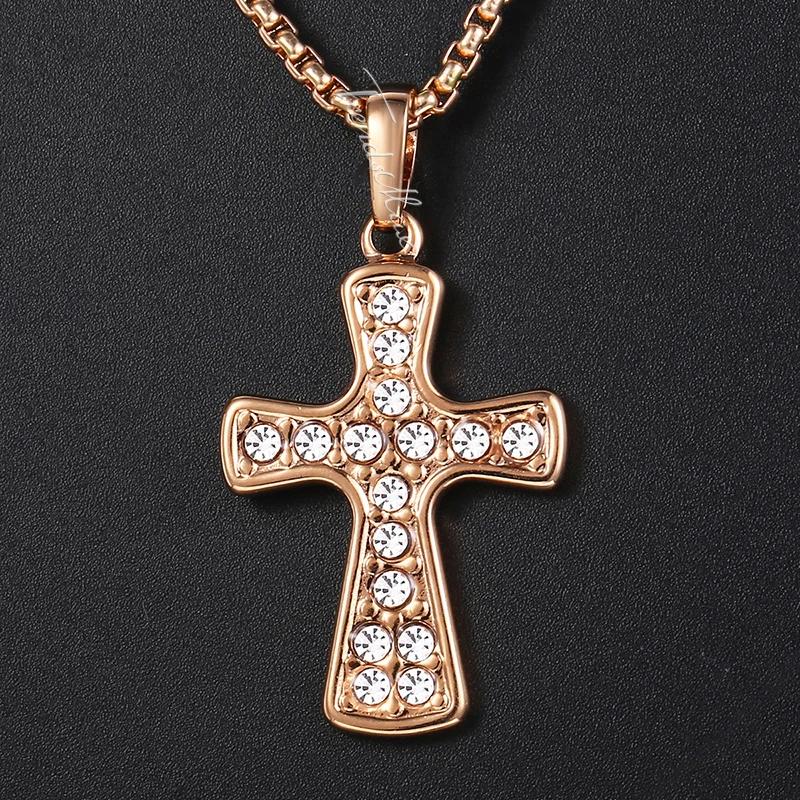 

585 Rose Gold Paved Cubic Zirconia Cross Pendant Necklace for Women Girl Men Cross Necklace Christian Jewelry Fashion Gift GP265
