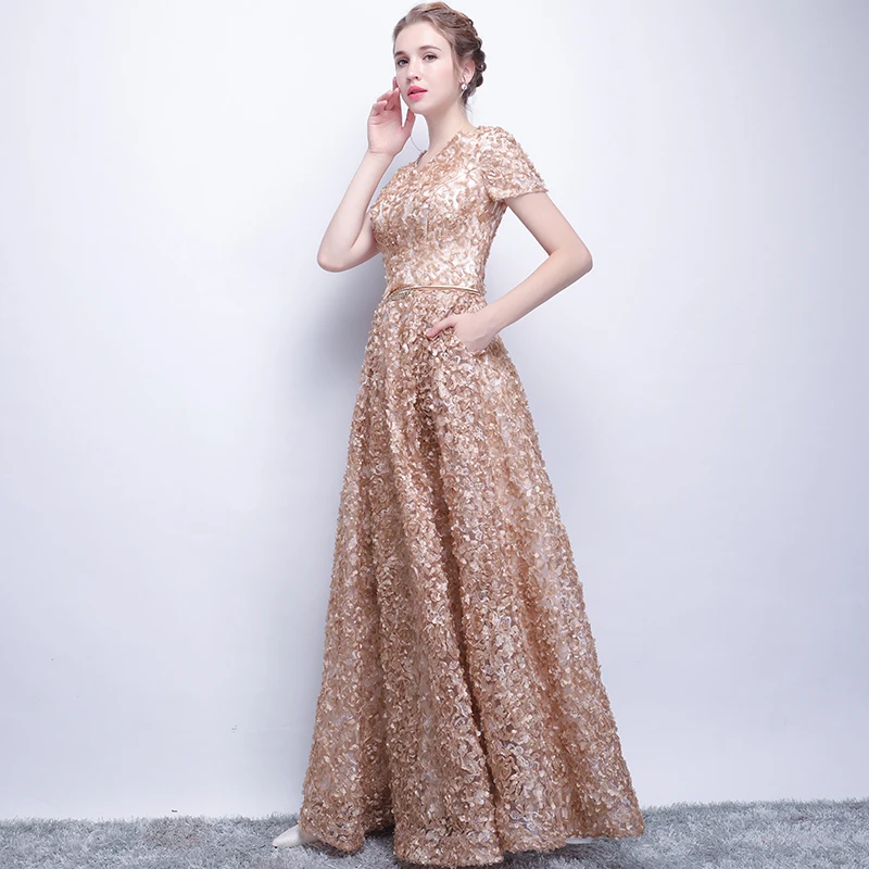 Walk Beside You Vintage Evening Dresses Long Floor Length with Belt Short Sleeves V-neck Prom Dresses 2019 Vestidos Largos De