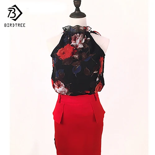 

Add Two Colors Women Shirts European Summer Flowers Print Halter Sleeveless Ruffled Neck Blouse Women Elegant Tops T57240