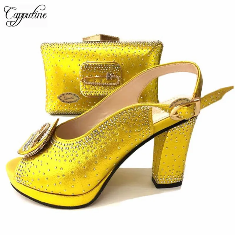 

Capputine Latest Italian Yellow Color Shoes With Matching Bags Set Full Rhinestone Summer High Heeled Shoes And Purse For Women