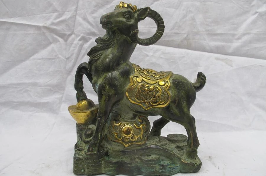 

China Folk Feng Shui old Bronze Gild Lucky YuanBao Blessing Sheep Goat Statue