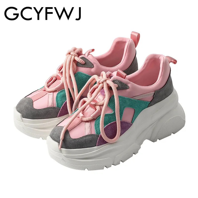 

GCYFWJ Girl Casual Shoes Lace Up Increase Sneakers Woman Comfortable High Quality Sweet Non Slip Dad Shoes Blue Pink 2019 XF318