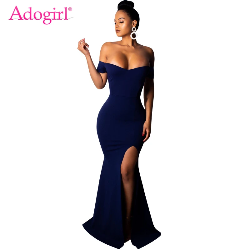 

Adogirl Women Off Shoulder High Slit Maxi Evening Party Dress Elegant Sexy Slash Neck Short Sleeve Bodycon Robe Long Dresses