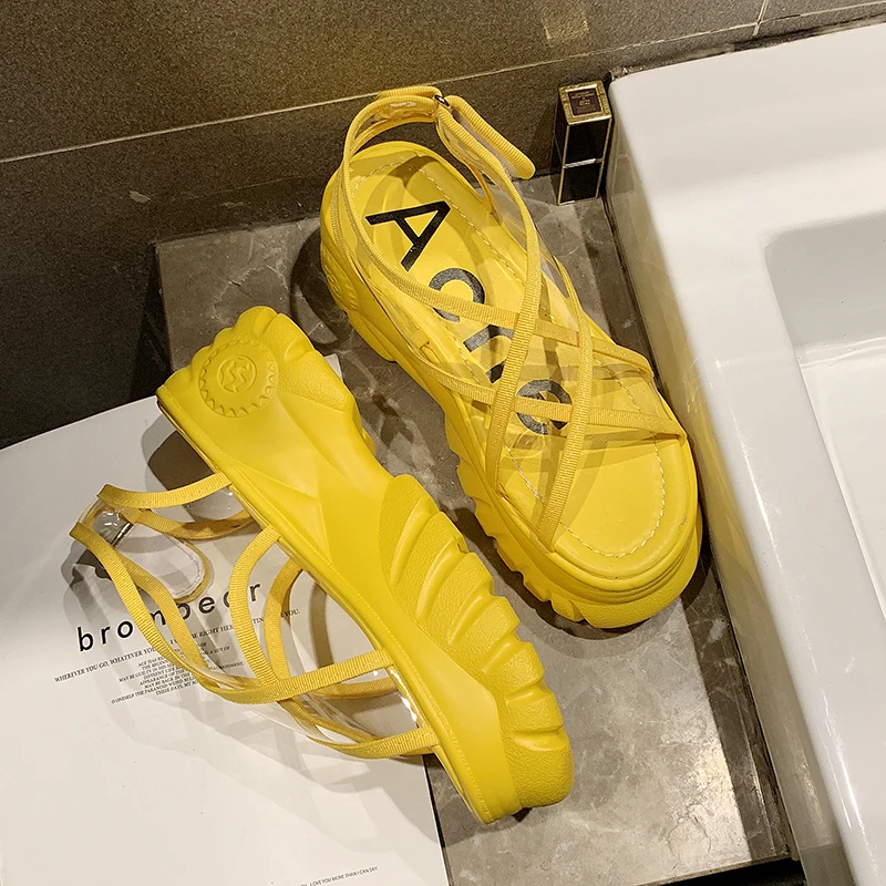 

New Summer Brand Women Transparent Jelly Sneakers Thick High Heels Ladies Platform Designer Casual Hollow Shoes Letters Footwear