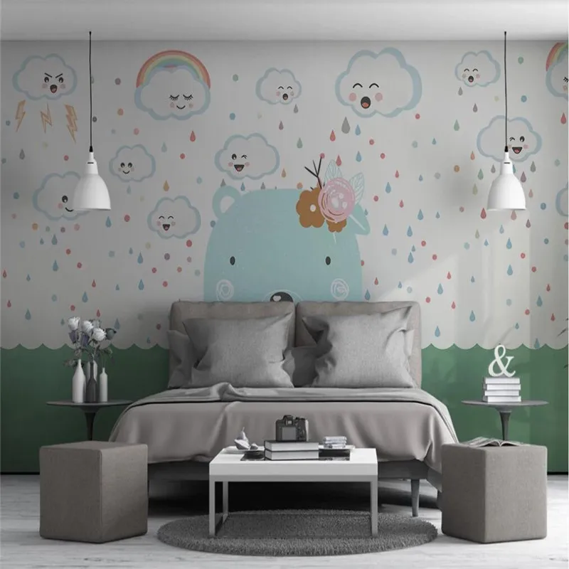 Custom wallpaper Nordic minimalist hand-painted cartoon animal bear cloud children's room background wall waterproof material Custom wallpaper Nordic minimalist hand-painted cartoon animal bear cloud children's room background wall waterproof material