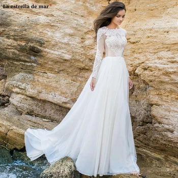 

Long Sleeved Beach Wedding Dresses 2019 New Bridal Lace Bodice Chiffon Jewel Neckline Train Princess Wedding Gowns Beautiful