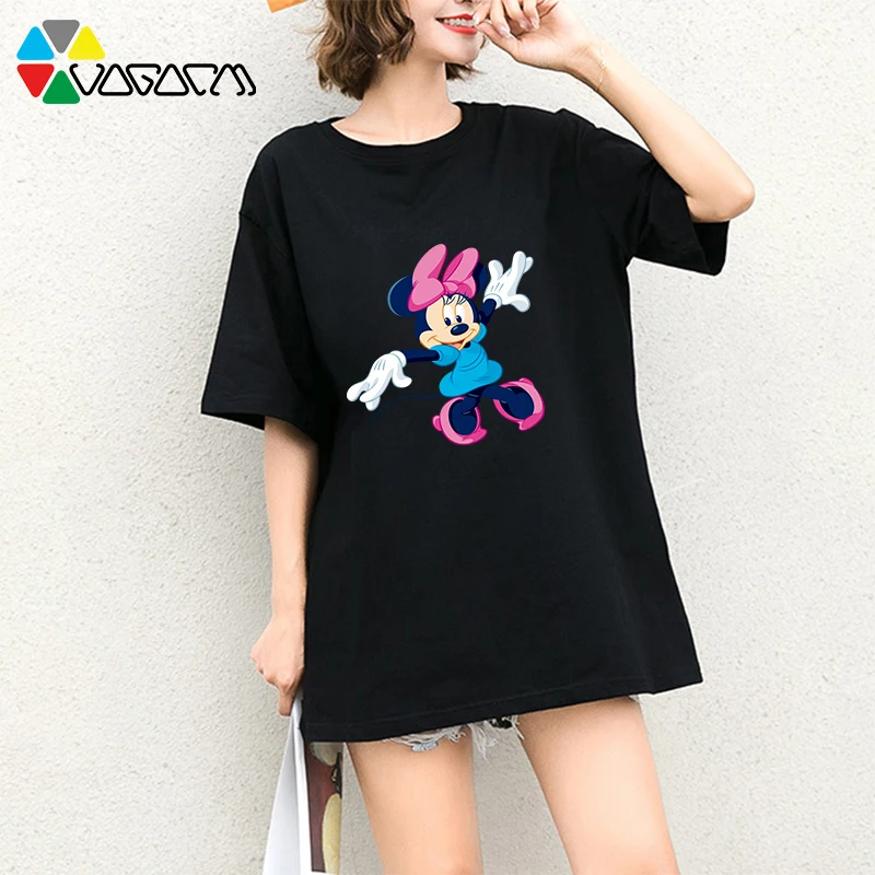 

Plus Size Women Summer Cartoon Print Tee Mickey Mouse Minnie Cute Short Sleeve Harajuku Loose O-neck Breathable T-shirt