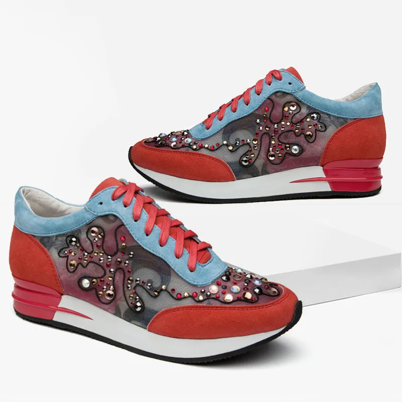

2018 spring and summer new fashion mesh breathable flat shoes women leather color matching rhinestone platform casual shoes.