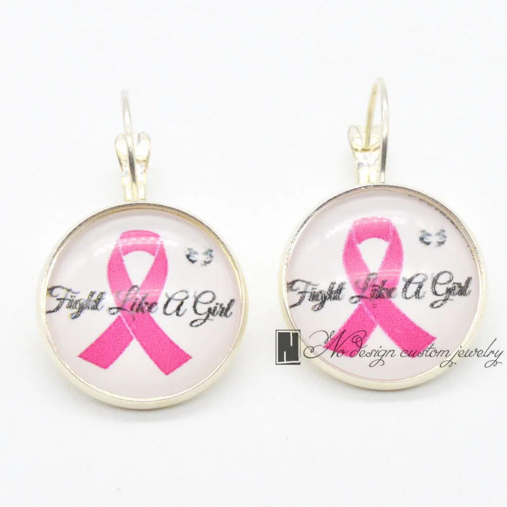 Pink Breast Cancer Ribbon Charms 18mm Glass Cabochon Earings French