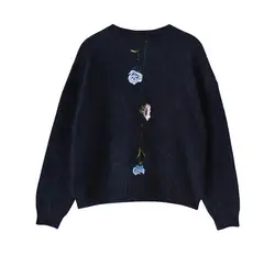 2018 Для женщин Вязание свитер осень-зима Винтаж Повседневное цветочной вышивкой Свободный пуловер элегантные женские топы D0977