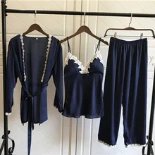 Пижама комплект шелковые пижамы Для женщин пикантные Кружево костюм с длинными брюками Халаты комплект из 3 предметов Пижамы для девочек женские