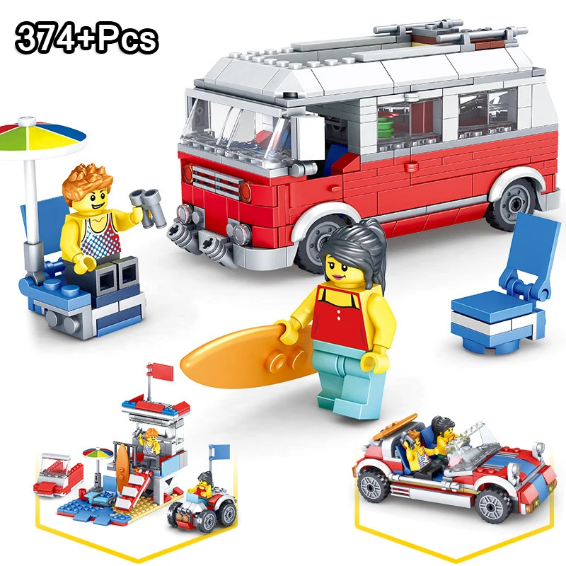 

374pcs 3in1 City Seaside Retro Bus Van Building Block Compatible LegoINGs Friends Racing Car Figures Creator Bricks Toy For Kids
