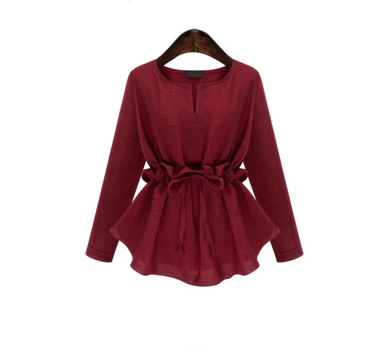 2018 Autumn Women Long Sleeves Tunic Blouse Tops Solid Shirts Lace up Ruffle Cotton Linen Clothes 2018 Autumn Women Long Sleeves Tunic Blouse Tops Solid Shirts Lace up Ruffle Cotton Linen Clothes