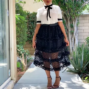 

Women Fashion Polka Dot Sexy Mesh Skirt High Waist Ruffle Transparent Skirts Summer Beach Party Skirt
