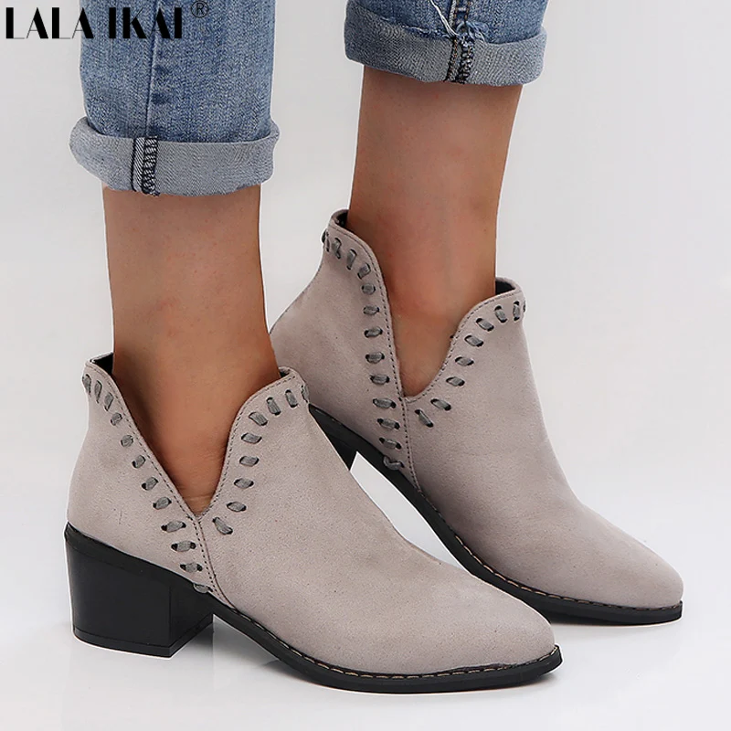 

LALA IKAI Women Boots PU Leather Vintage Autumn Ankle Boots Slip-On Shoes Pointed Toe Square Heels Ladies Boots XWA2313-5