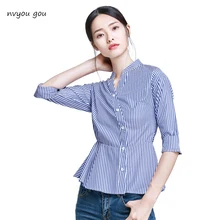 

Blue And White Striped Shirt Women 2018 Summer Fashion Peter Pan Collar Blouse Short Sleeve Buttons Cotton Tops And Blouses