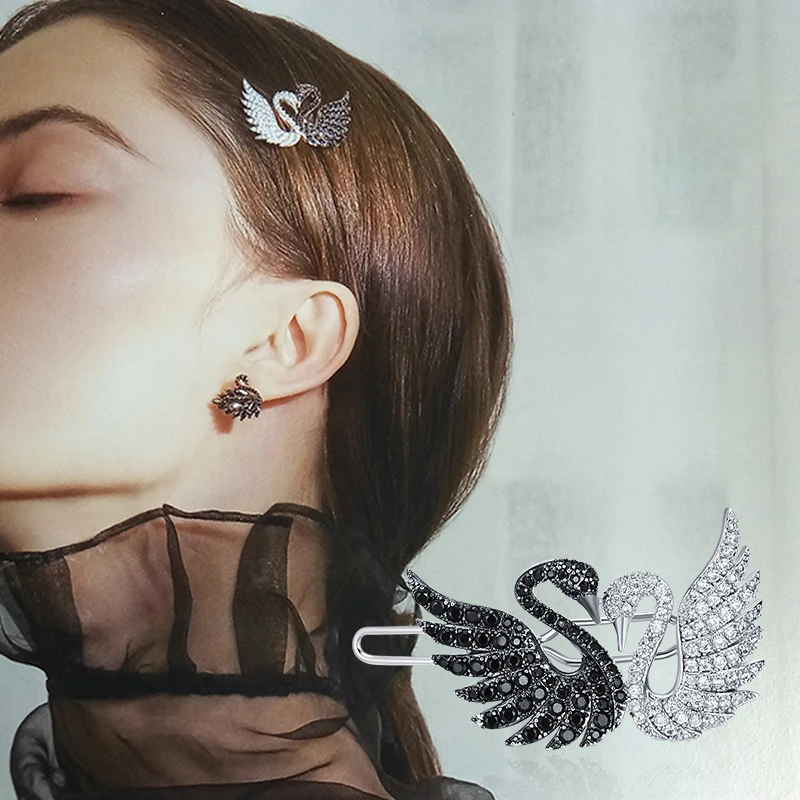 

CHIMERA Rhinestone Swan Hair Clips Elegant Black Silver Crystal Hairpin Bangs Holder Luxury Ballerina Hair Accessory for Women