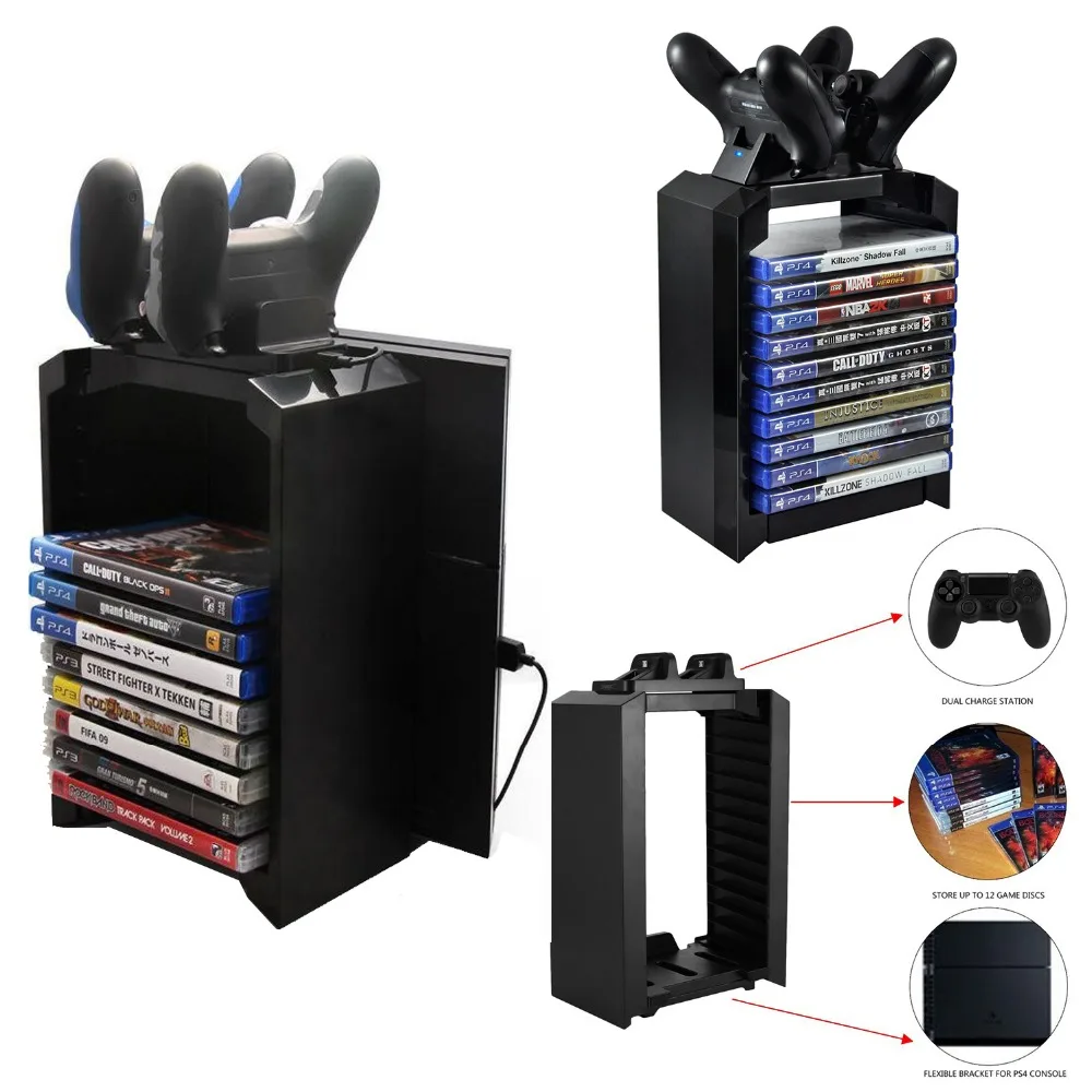 

S4/PS4 Slim/PS4 PRO Game Disk Tower Vertical Stand for PS4 DualShock Controller Charging Dock Station for PlayStation 4 PRO Slim