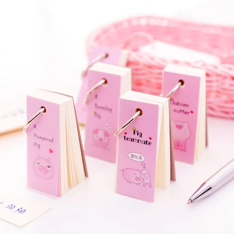 

Kawaii Blank Ring Buckle Memo Pad Mini Pink Pig Word Cards Notepad Portable Memory Card Loose-leaf For Students School Supplies